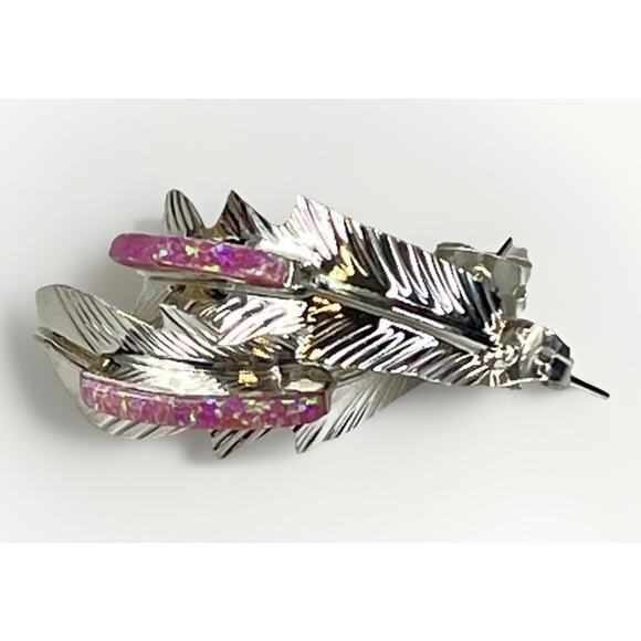 New Navajo Allen Barney Sterling Silver Pink Opal Feather Earrings Native SW - Picture 8 of 14